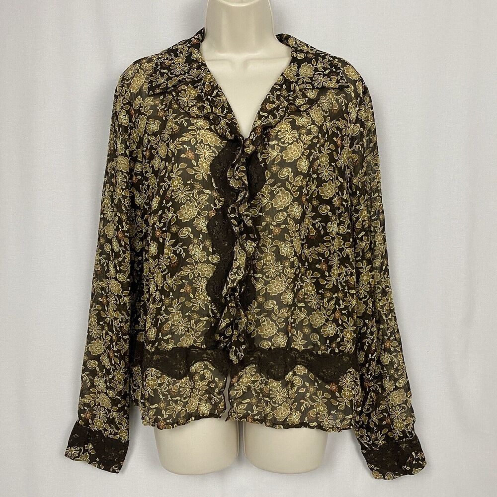 Vintage Liz Claiborne Top Womens 8 Medium Brown Sheer Floral Lacy Cottage Fairy